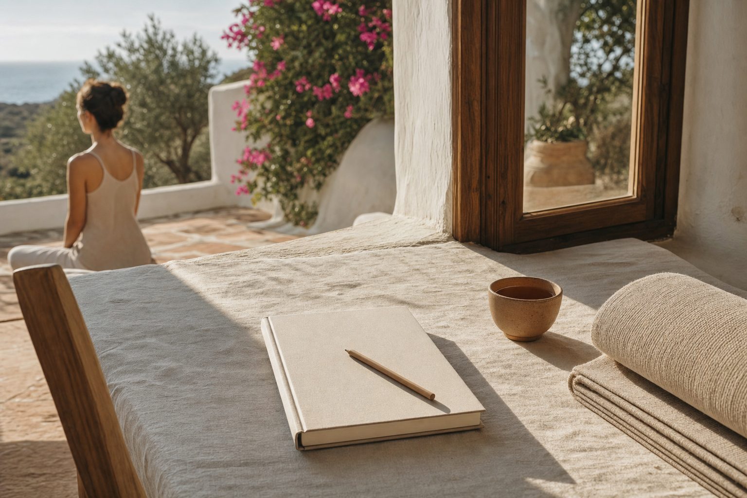 Cuaderno cerrado y lápiz sobre un mantel de lino junto a una esterilla plegada, con la luz larga de la mañana