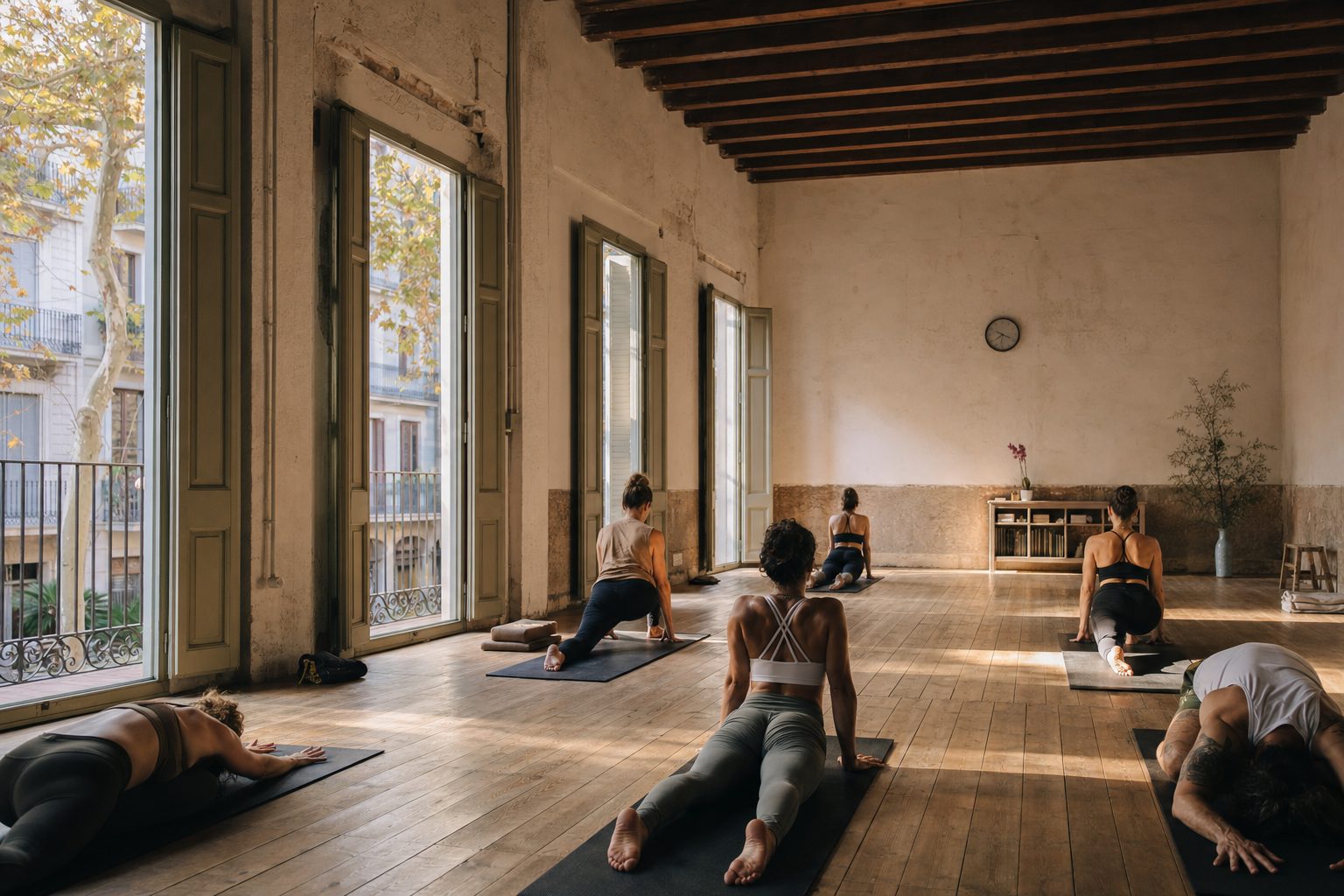 Sala Mysore al amanecer con varios practicantes en posturas distintas