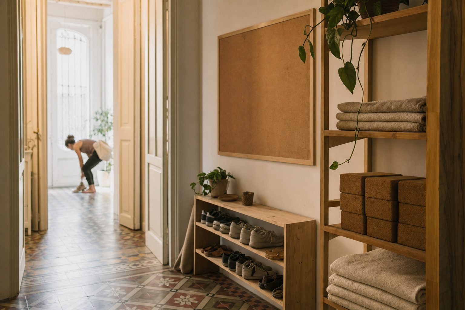 Recibidor de una escuela de yoga con zapatero de madera y mantas dobladas