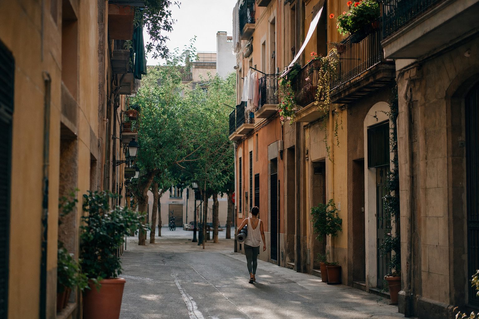 Calle estrecha de Gràcia con balcones de hierro y una plaza arbolada al fondo